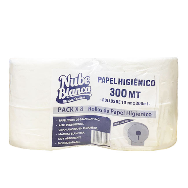 Papel Higiénico Nube Blanca Jumbo Hoja Simple 300m x8